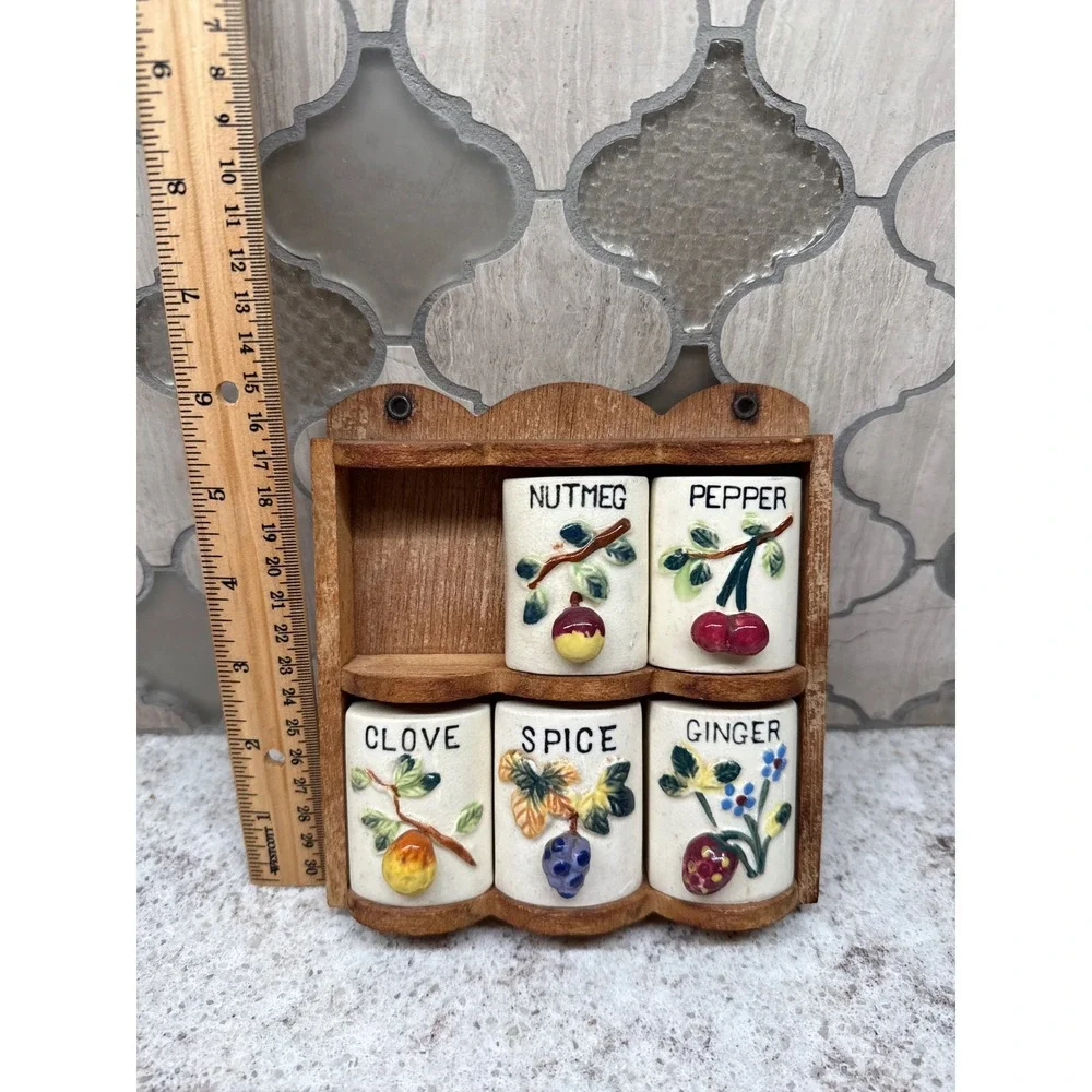 Vintage Japan Ceramic Spice Shaker Set with Wood Rack Fruit Floral 5 Piece MCM
